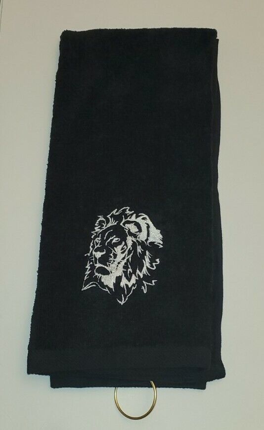 The Lion Embroidered Golf Sport Towel 16x26 Black - $15.00