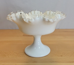 Vintage Fenton Milk Glass Ruffled Candy Dish Pedestal Compote Silvercrest Edge - £31.44 GBP
