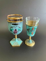 2 Vtg Turquoise Enameled Brass Shabbat Kiddush Cups Jewish Goblets Glass Inserts - £44.37 GBP