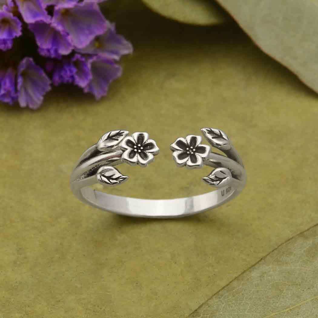Sterling Silver Adjustable Ring with Tiny Flowers and Leaves - $43.60