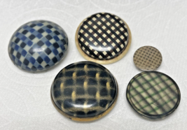 5 Vintage Celluloid Plaid Buttons 5/8 -1 1/2 Inch Fun Colors - $24.26