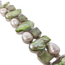 Vintage Abalone, Mother-of-Pearl &amp; Green Quartz Chunky Silvertone 7&quot; Bracelet - £26.63 GBP