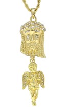 Jesus Piece Angel Iced CZ Pendant 14k Gold Plated Rope Chain Necklace Hip Hop - £7.62 GBP