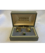 Windsor Cufflinks &amp; Tie Pin Set in Box Green Stone Goldtone Mens Suit Je... - £23.91 GBP