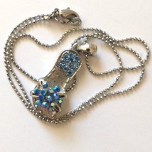 Flip Flop Necklace Pendant Sparkly Rhinestones Ocean Blues Silver Tone Coastal  - £11.86 GBP