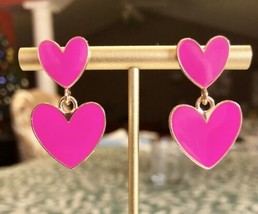 Hot Pink Heart Drop Earrings Gold Framed Valentines Day Jewelry NEW - £10.75 GBP