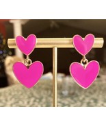 Hot Pink Heart Drop Earrings Gold Framed Valentines Day Jewelry NEW - £10.83 GBP
