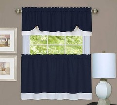 Rich Navy Textured Dual Layer 3 Piece Tiers &amp; Window Valance Curtain Set,Modern - £10.83 GBP