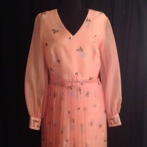 Alfred Shaheen Vintage 12 Maxi Dress Stunning! Peach Green Sheer Pleated - £116.49 GBP