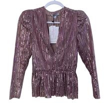 Sabina Musayev Saint Top Sequin Rose Pink Peplum Long Sleeves V Neck Sma... - $46.33