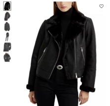 Lauren Ralph Lauren Women&#39;s Faux Shearling Vegan Leather Moto Jacket Sz ... - £135.31 GBP