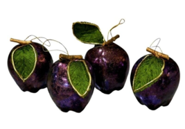 Vintage Dark Purple Apple Fruit Christmas Ornaments Lot of 4 Green Velvet Leaves - £7.25 GBP