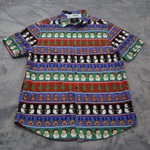 Denim &amp; Flower Shirt Men Large Short Sleeve Button Up Tis The Season Christmas - £13.90 GBP