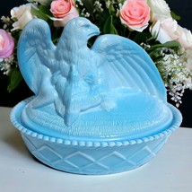 Vtg Blue Milk Glass Nesting Eagle on Nest Figural Candy Dish Box 6&quot; H x ... - £27.24 GBP