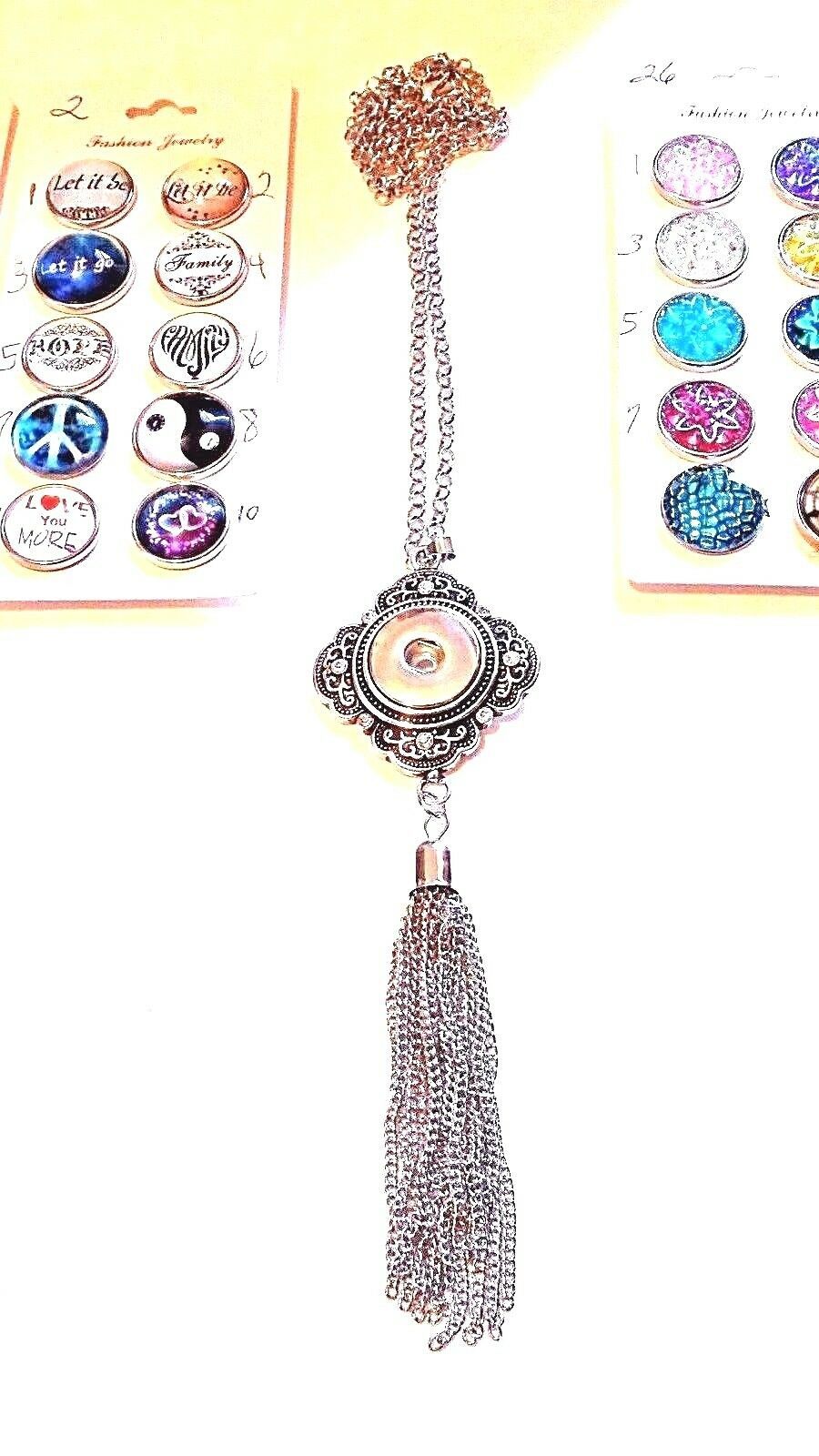 Silver Tassel Necklace with 3 snaps - Interchangeable w/Ginger snaps 18 mm -NEW - £7.03 GBP