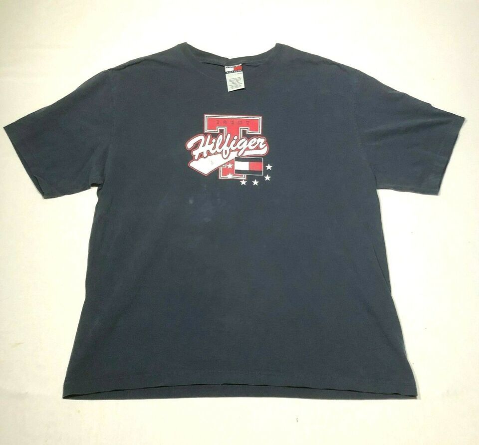 Vintage Tommy Hilfiger T Tee Shirt Mens 2XL Logo Flag Navy Blue Cotton C... - $11.87