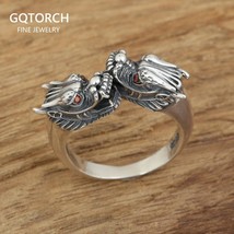Real Pure 925 Sterling Silver Man Rings Double Dragon Heads Retro Punk Rock Open - £35.83 GBP