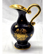 Original Bernardaud LIMOGES France 9&quot; Deep Blue Onyx Pitcher With Gold A... - $39.58