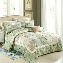 3pc. Pink &amp; Green Floral Patchwork 100% Cotton Queen Quilted Bedspread Set - £177.48 GBP