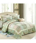 3pc. Pink &amp; Green Floral Patchwork 100% Cotton Queen Quilted Bedspread Set - £177.81 GBP