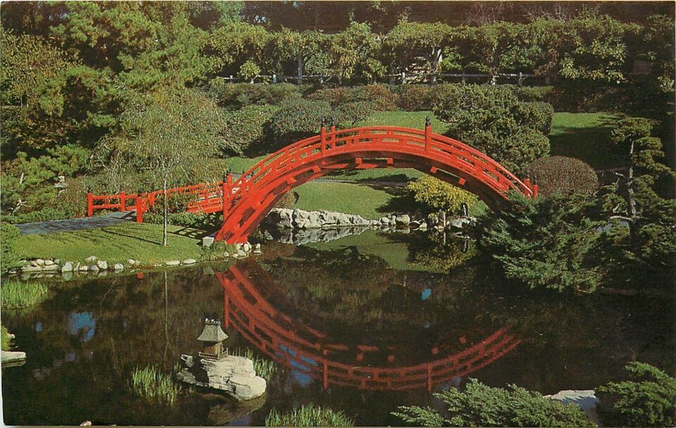 Chrome Postcard CA J446 Moon Bridge Japanese Garden Huntington Library Art - $3.47