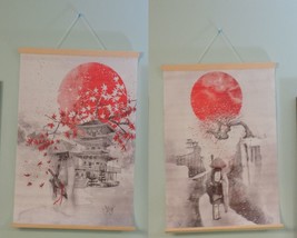 2 Japanese Art Print Wall Hanging Canvas Scroll Female Swallows &amp; Sakuras Lot - £38.70 GBP