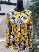 WHO WHAT WEAR Womens Yellow Floral Polyester Round Neck Long Sleeve Top Blouse L - £20.78 GBP