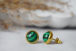 Malachite stud earrings, Small Gemstone Studs, Birthstone jewelry, Green gold st - £24.64 GBP