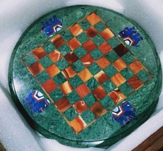 15&quot; Green Marble Round Chess Table Top Lapis Mosaic Elephant Inlay Art H... - £506.21 GBP