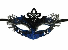 Blue Black Laser Cut Metal Filigree Venetian Mask Masquerade Rhinestone Gem - £14.97 GBP