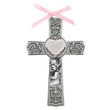 Baptism Gift Crib Cross Praying Baby Girl Pink Ribbon 6&quot; Christening Berkander - £15.94 GBP