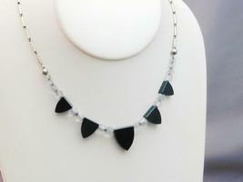Art Deco Black Onyx Glass Chevron Faceted Crystal Necklace Silver - £23.97 GBP
