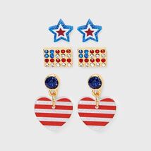 Americana Star Flag Heart Stud Hoop Earring Set 3pc Red White Blue - €8,15 EUR