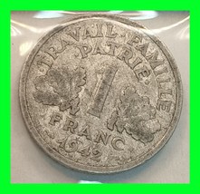 1942 France 1 Franc Vichy French State WWII Vintage World Coin - £11.69 GBP