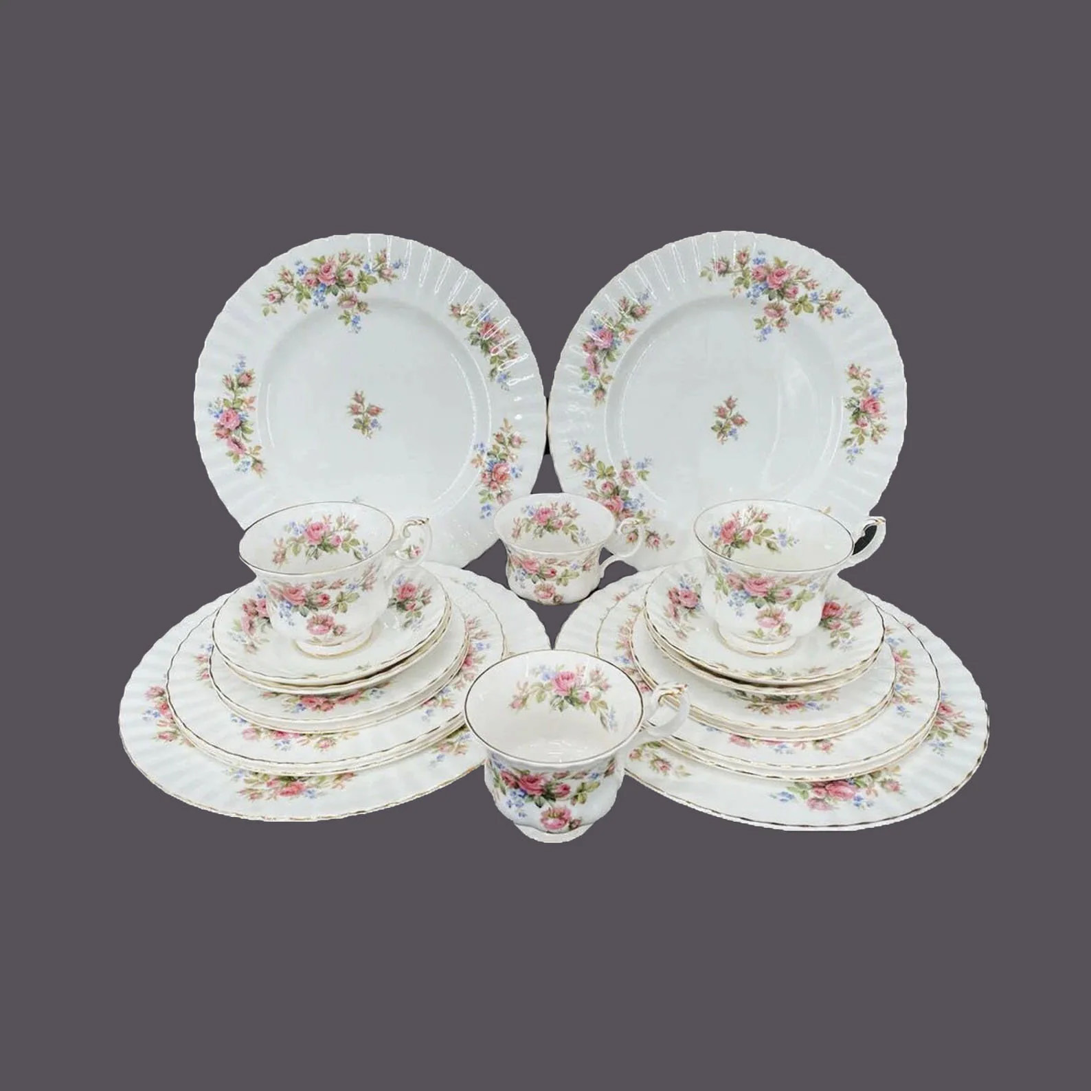 Royal Albert Moss Rose bone china tableware. Forty-one pieces made in England. - $411.18