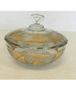 Vintage clear glass bowl with lid gold color grape design scalloped edge... - $35.59