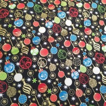Enchanted Christmas Fabric 37&quot; x 43&quot;  Black with Colorful Christmas Ornaments - £7.02 GBP