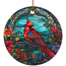 Red Cardinal Bird Stained Glass Flower Wreath Colors Ornament Christmas Gift - £11.83 GBP