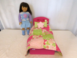 American Girl Retired Blossoms &amp; Blooms Pink Floral Doll Bed &amp; Bedding +... - £54.71 GBP