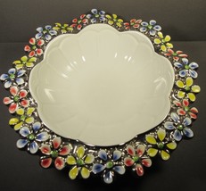 Bowl White Enamel Daisy Flowers Edge Silvertone Back 10.5&quot; x 3&quot;Amer Atelier - £15.74 GBP