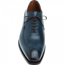 Handcrafted Navy Blue Medallion Lace Up Oxford Genuine Leather Dress Shoes - £102.38 GBP
