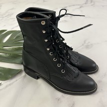 Justin Womens McKean Lace Up Boots Size 7 Black Leather Kiltie Roper Flat - $72.26