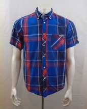 Cherokee Blue Red Short Sleeve Men&#39;s Button Down Cotton Casual Shirt Size Medium - £7.88 GBP