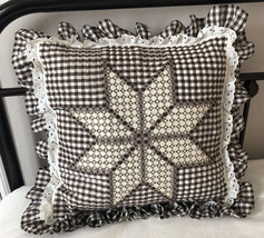 Quilt Pillow Star Brown White Gingham Eyelet Country Farm Primitive Squa... - £22.13 GBP