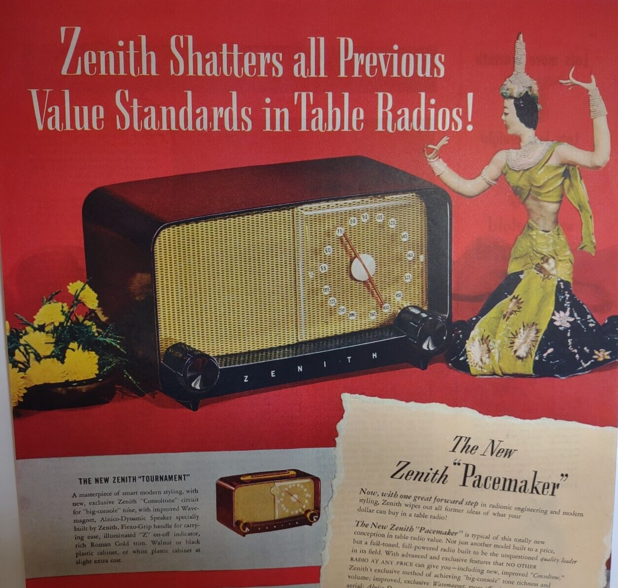 Zenith Pacemaker Tournament Zephyr Radio Print AD Vintage 1948 Ready To Frame - $29.93