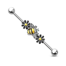 Bee Blossom Scaffold Piercing Barbell CZ Enamel 316L Steel Industrial Jewellery - £9.49 GBP