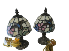 Set Of 2 Vintage Small Table Lamps Tiffany Style Stained Glass Shades 10&quot;T - $49.50