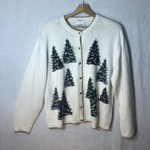 Christopher Banks Size XL White w Embroidered Beaded Christmas Trees Sweater - £30.92 GBP
