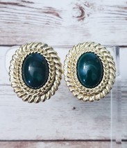 Vintage Clip On Earrings - Oval Shape Dark Green with Gold Tone Woven Halo - £11.18 GBP