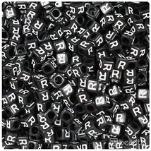 BeadTin Black Opaque 6mm Cube Plastic Alphabet Beads- White Letter R (80... - $2.09